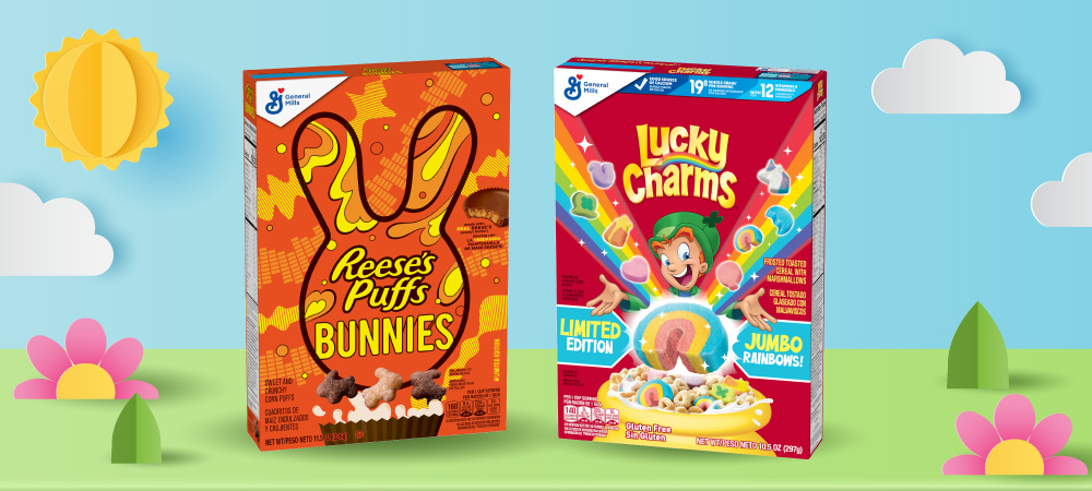 REESE'S PUFFS Cereal Bunnies, Pillsbury Grands! Cinnamon Rolls with Peaches & Cream icing and Lucky Charms Jumbo Rainbows
