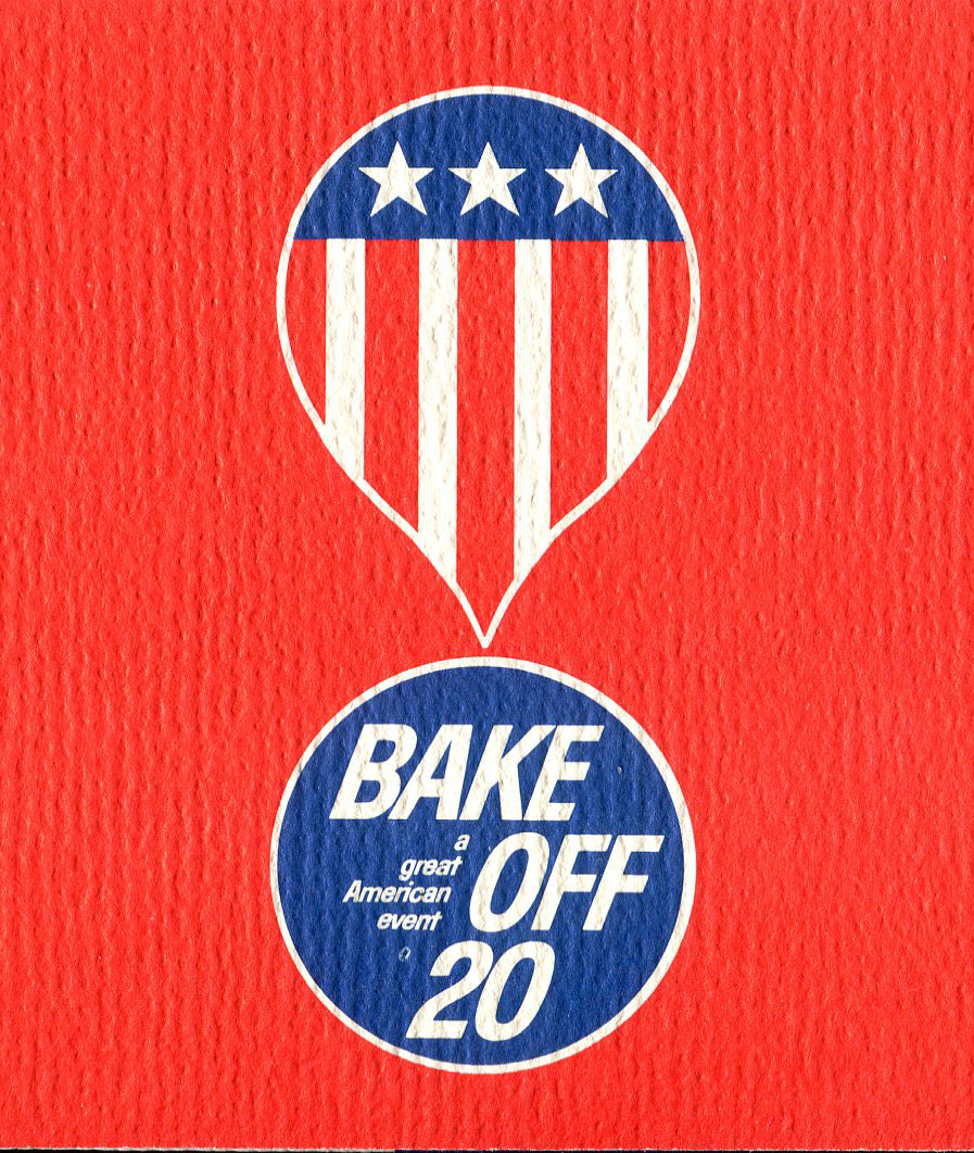 A graphic for the 20th Pillsbury Bake-Off on a textured red background. The image features a patriotic, teardrop-shaped logo with stars and stripes positioned above a blue circular logo that reads "Bake-Off 20, a great American event”.
