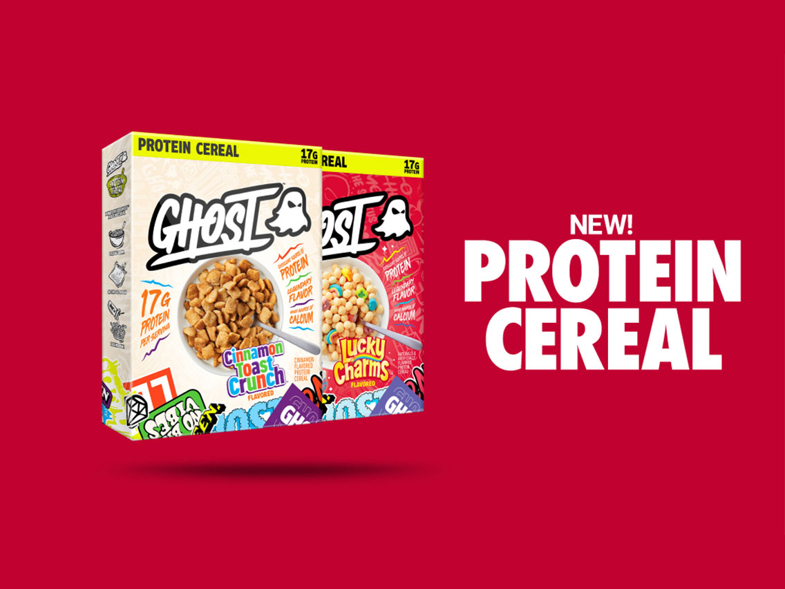 GHOST® PROTEIN CEREAL x CINNAMON TOAST CRUNCH™ and GHOST® PROTEIN CEREAL x LUCKY CHARMS™ featured on a bright red background with the words “New! Protein Cereal”)​